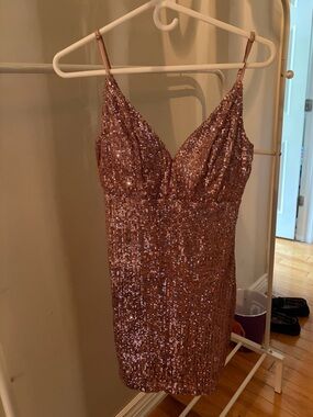 Emerald Sundae Rose Gold Sequin Spaghetti Strap Mini Dress